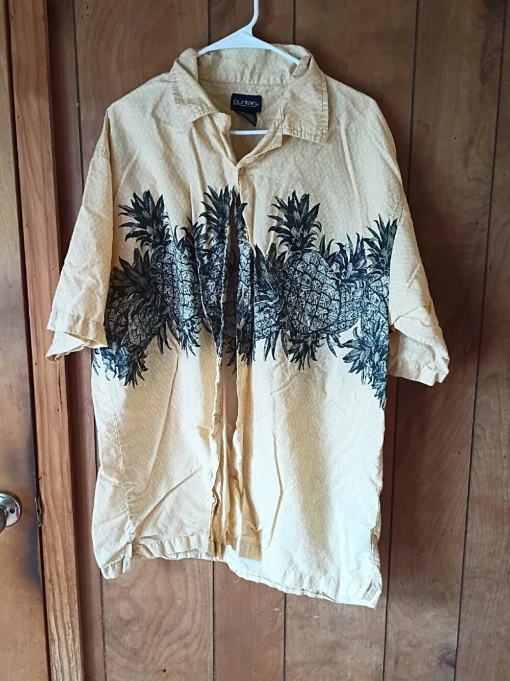 Puritan Men's Hawaiian Camp Shirt Yellow Black Pineapple Print Size L cotton